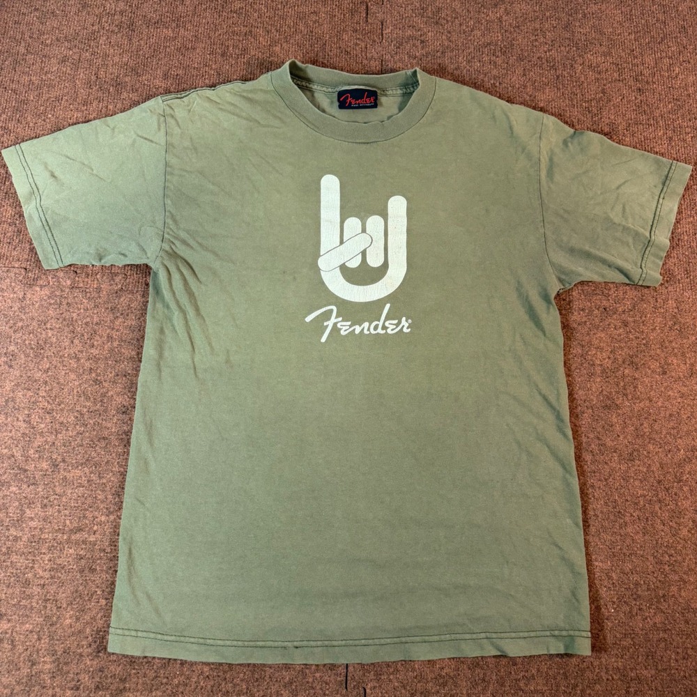 Fender Graphic T-Shirt Mens Rock On Hand Logo Olive Green Short Sleeve Te guitar